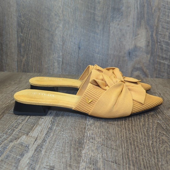 VIVAIA Pointed-Toe Knot Mules Size 40 US 9 Mustard Yellow Low Heel Slip On Yaffa - Picture 2 of 13